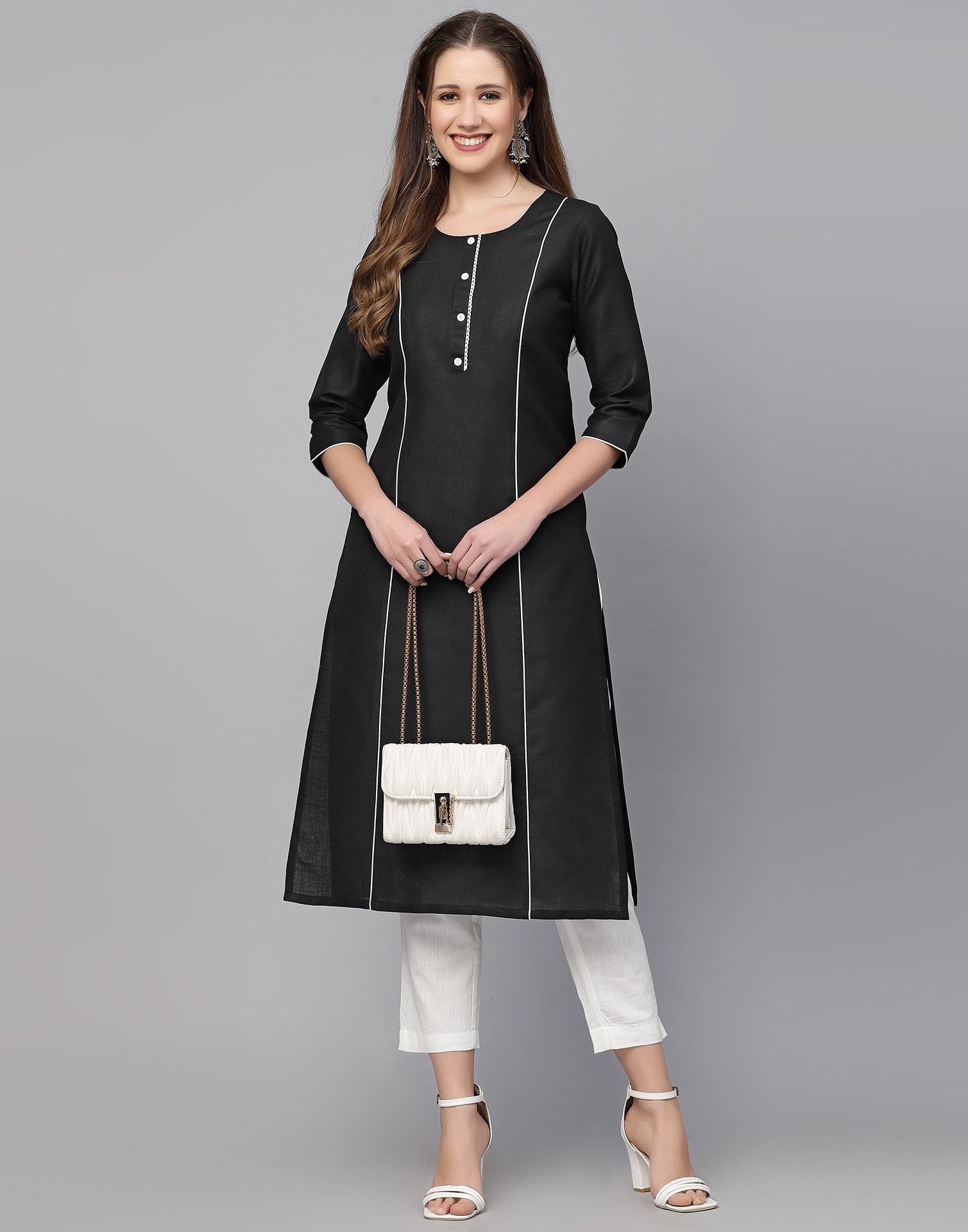 Black Cotton Plain Straight Kurta | Leemboodi