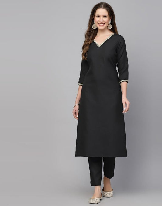 Black Plain Cotton Straight Kurta With Pant