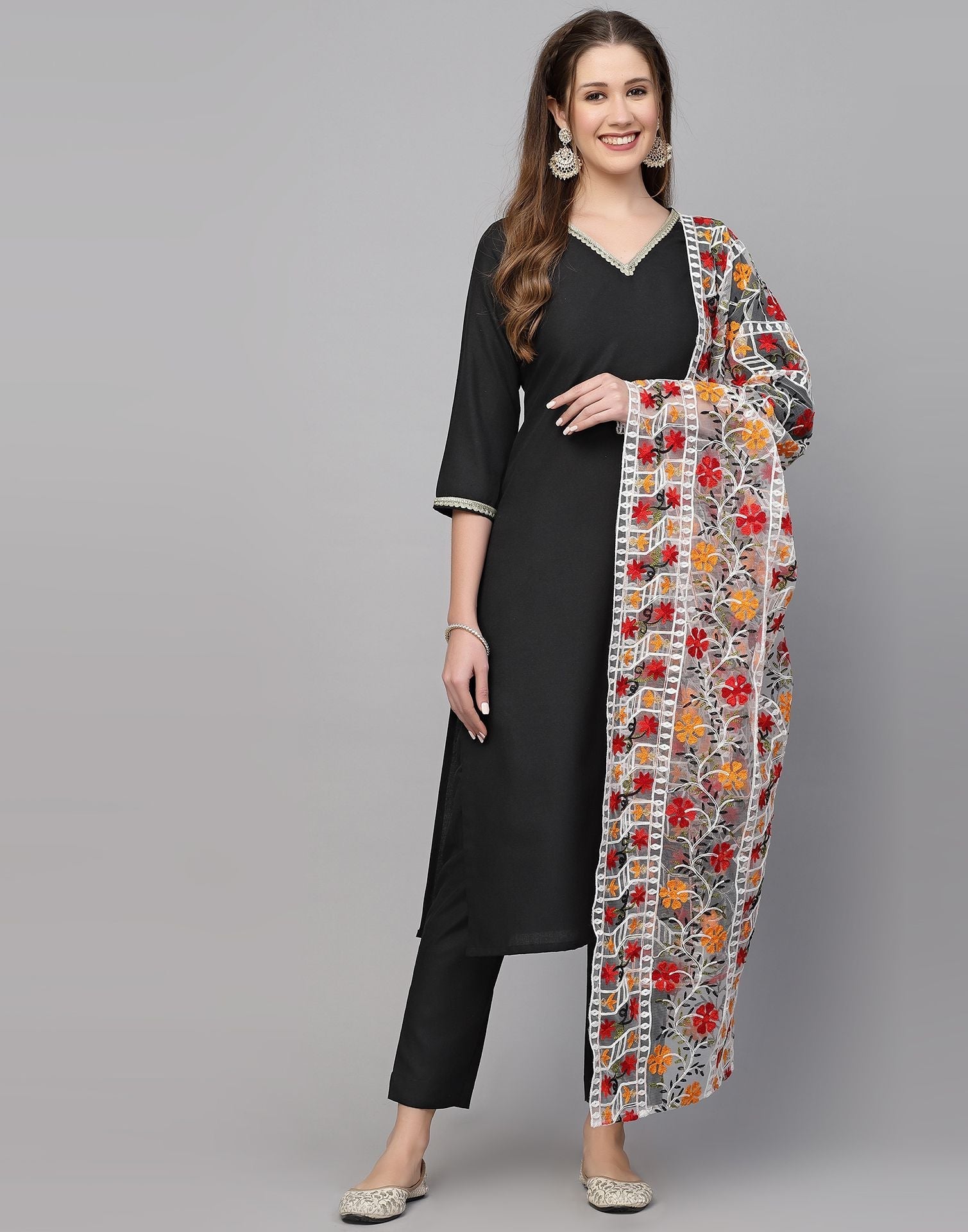 Black Cotton Kurti With Pant And Dupatta | Leemboodi