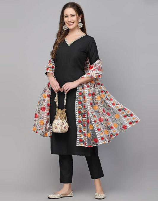 Black Cotton Kurti With Pant And Dupatta | Leemboodi