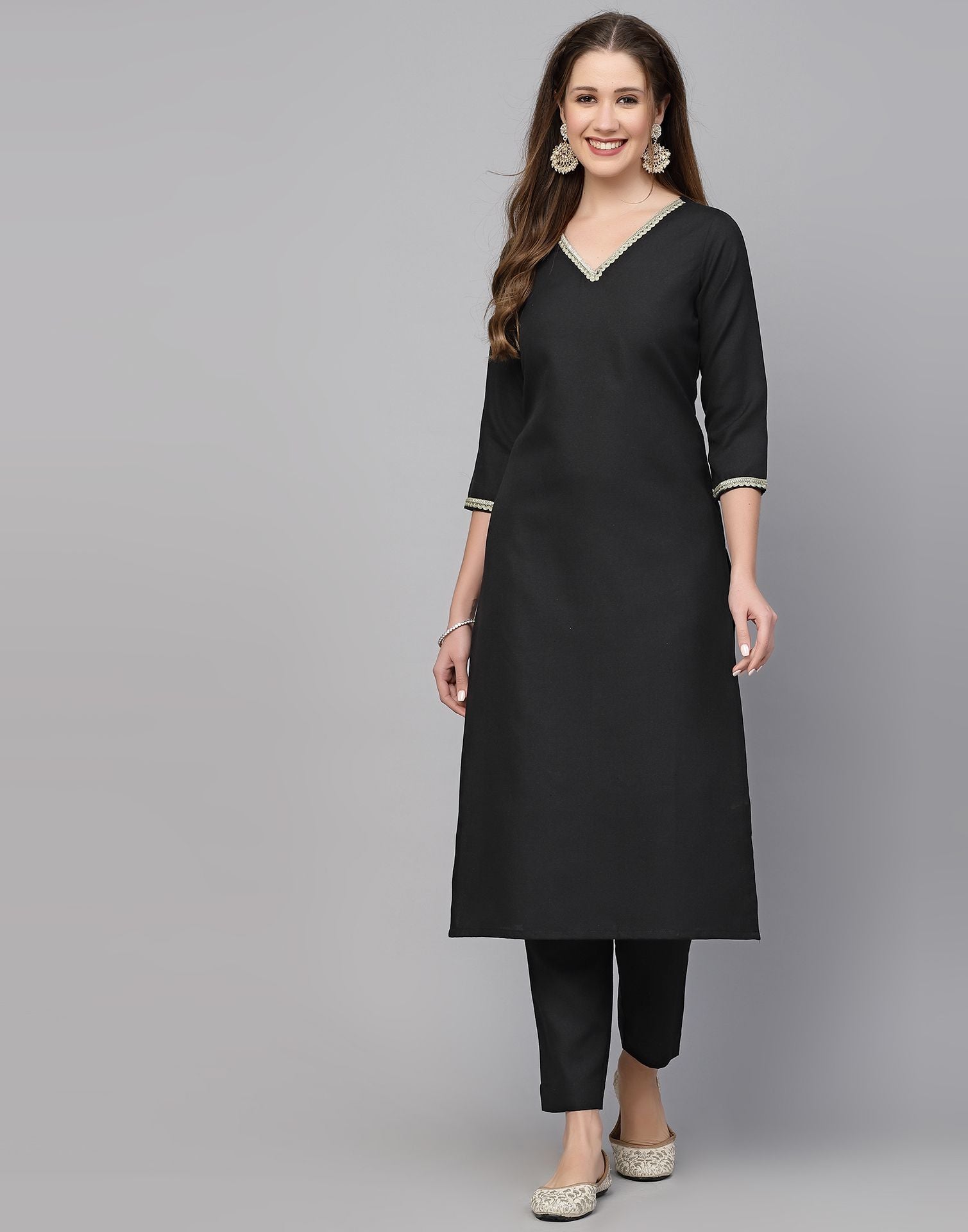 Black Cotton Kurti With Pant And Dupatta | Leemboodi