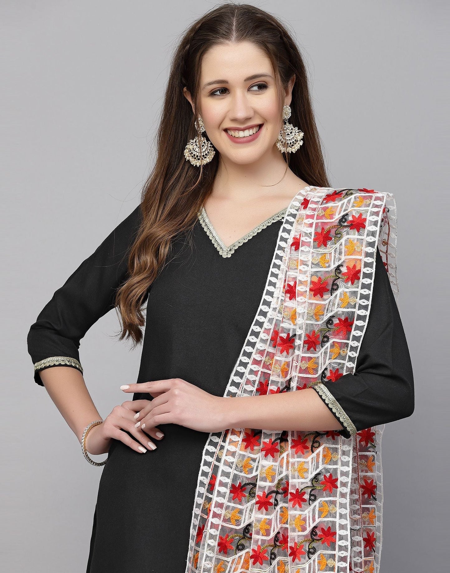 Black Cotton Kurti With Pant And Dupatta | Leemboodi