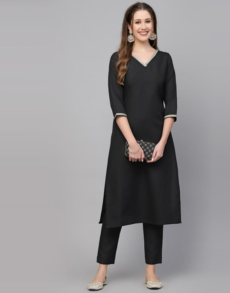 Black Plain Cotton Straight Kurta With Pant