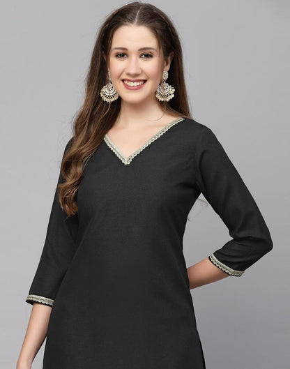 Black Plain Cotton Straight Kurta With Pant