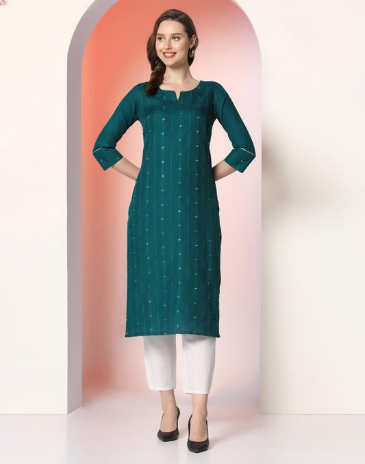 Teal Embroidery Cotton Straight Kurta