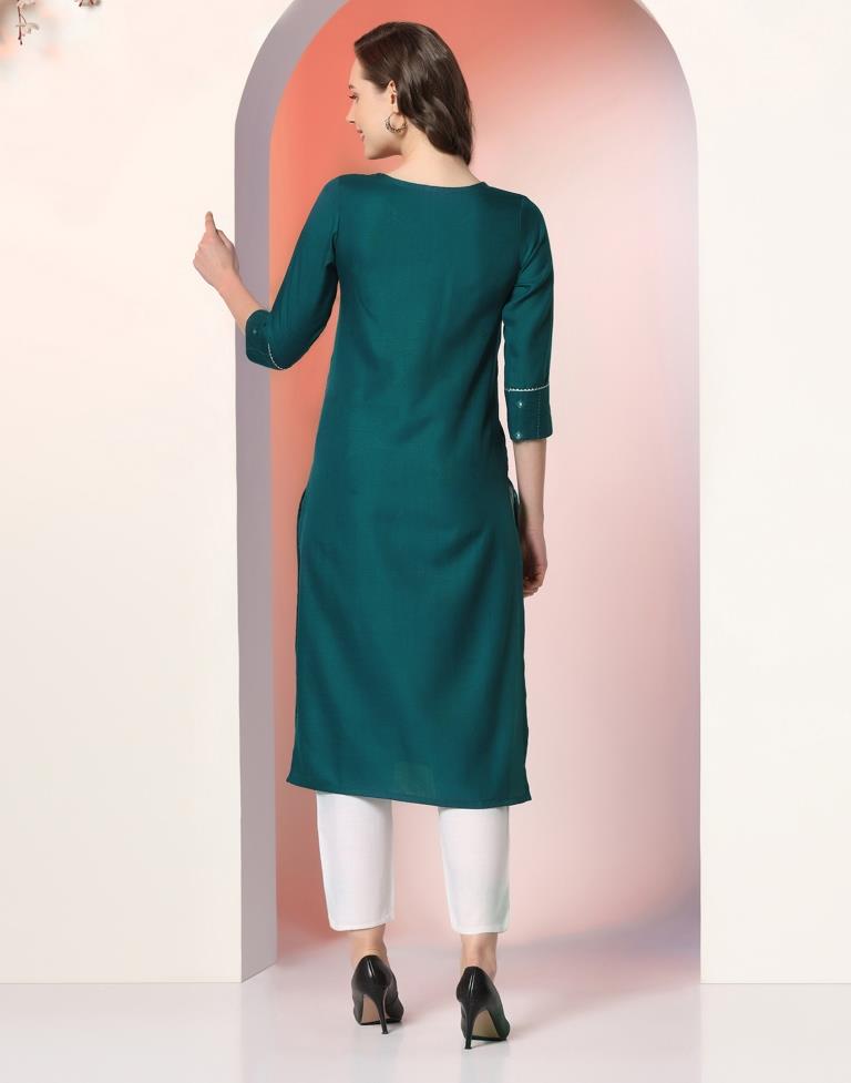 Teal Embroidery Cotton Straight Kurta