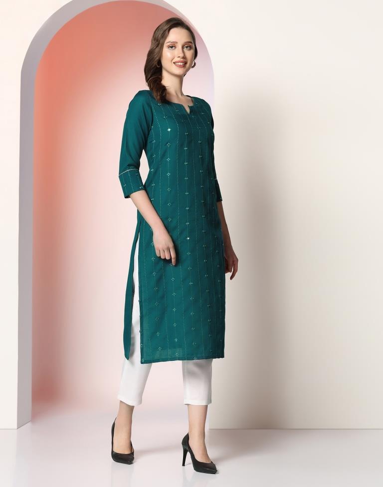 Teal Embroidery Cotton Straight Kurta