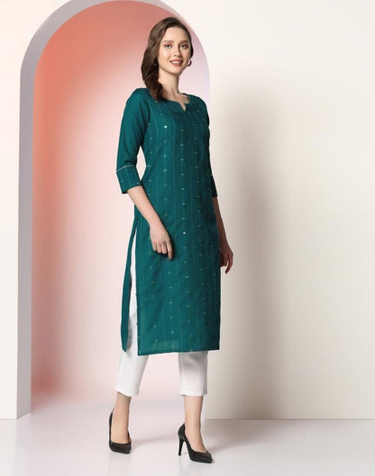 Teal Embroidery Cotton Straight Kurta