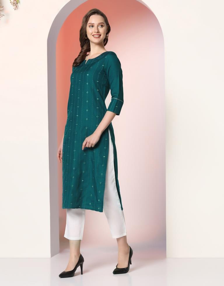 Teal Embroidery Cotton Straight Kurta