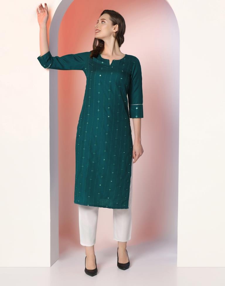 Teal Embroidery Cotton Straight Kurta