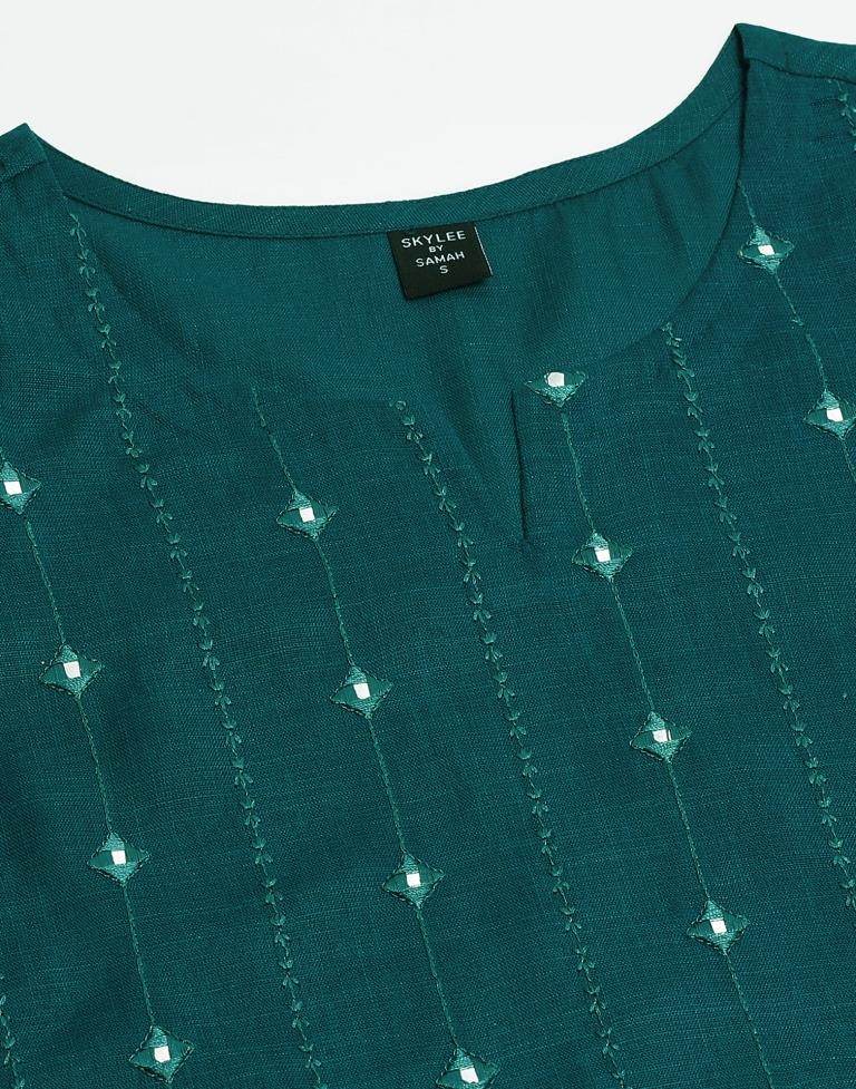 Teal Embroidery Cotton Straight Kurta