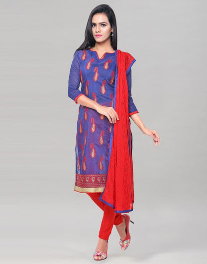 Navy Blue Chanderi Embroidered Unstitched Salwar Suit | Sudathi