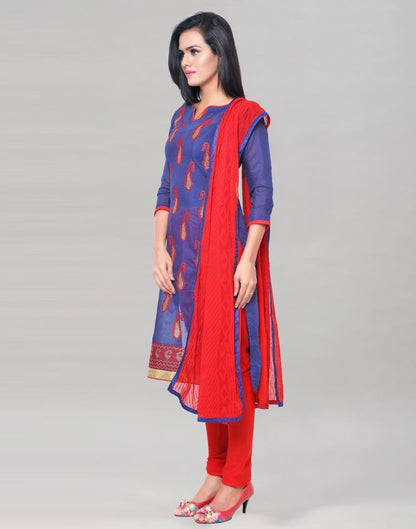 Navy Blue Chanderi Embroidered Unstitched Salwar Suit | Sudathi