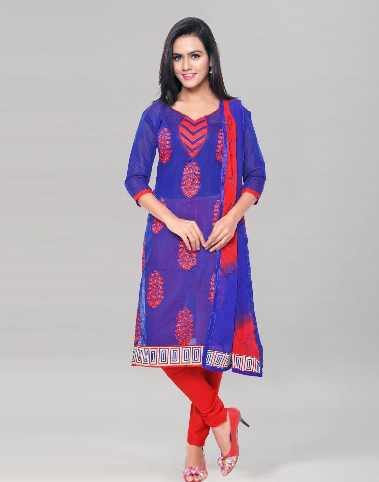 Navy Blue Chanderi Embroidered Unstitched Salwar Suit | Sudathi