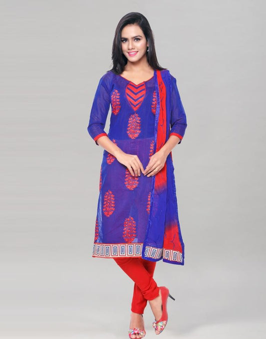 Navy Blue Chanderi Embroidered Unstitched Salwar Suit | Sudathi