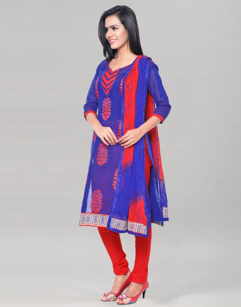 Navy Blue Chanderi Embroidered Unstitched Salwar Suit | Sudathi