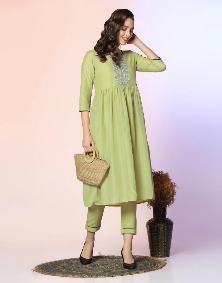 Pista Green Embroidered Kurta With Pant And Dupatta