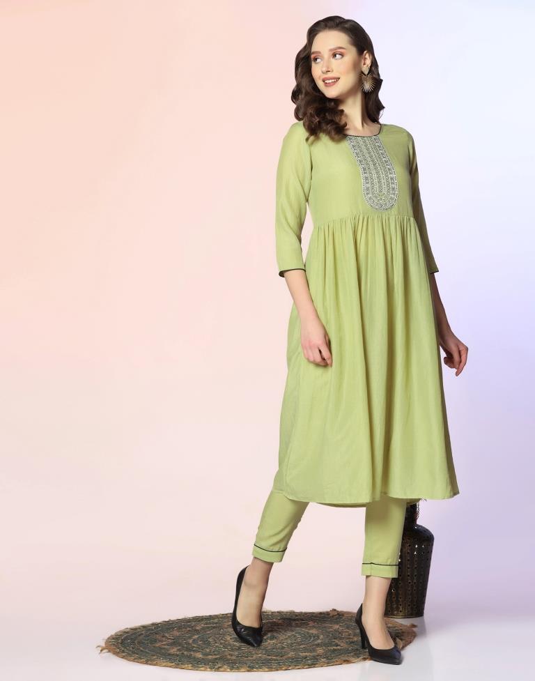 Pista Green Embroidered Kurta With Pant And Dupatta