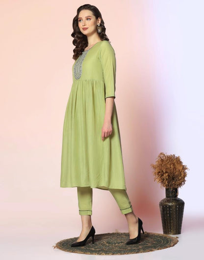 Pista Green Embroidered Kurta With Pant And Dupatta