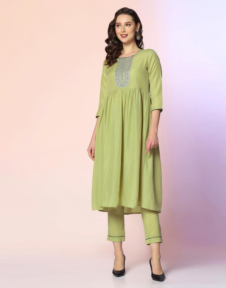 Pista Green Embroidered Kurta With Pant And Dupatta