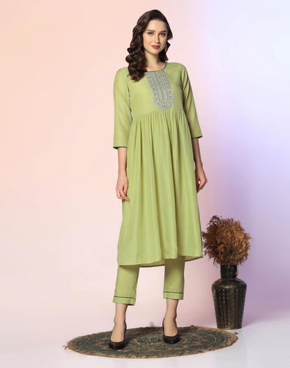 Pista Green Embroidered Kurta With Pant And Dupatta