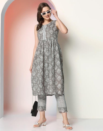 Grey Printed Cotton A-Line Kurta Set with Dupatta