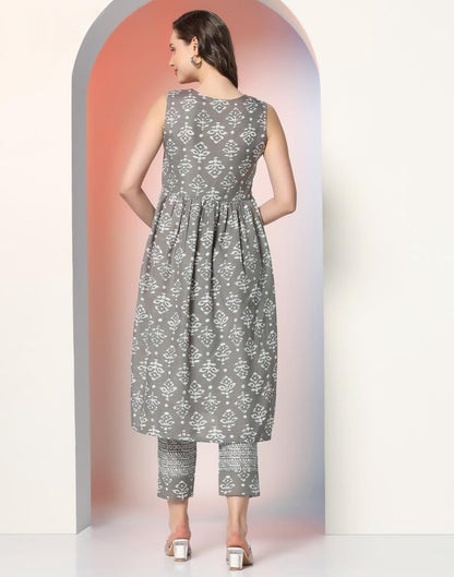 Grey Printed Cotton A-Line Kurta Set with Dupatta