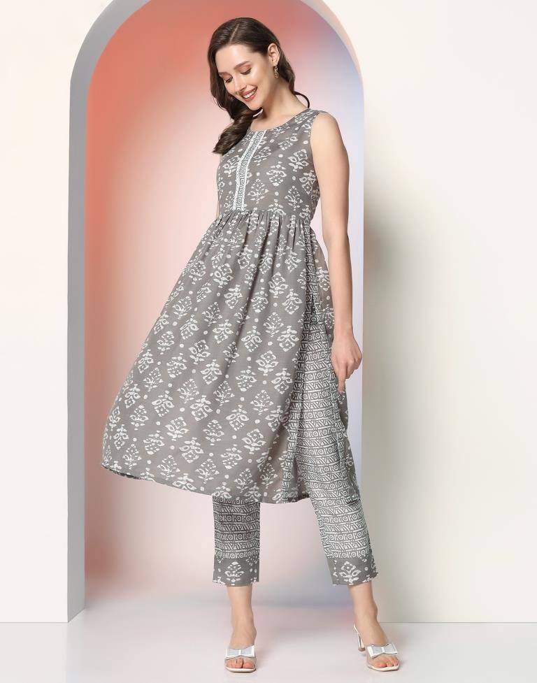 Grey Printed Cotton A-Line Kurta Set with Dupatta