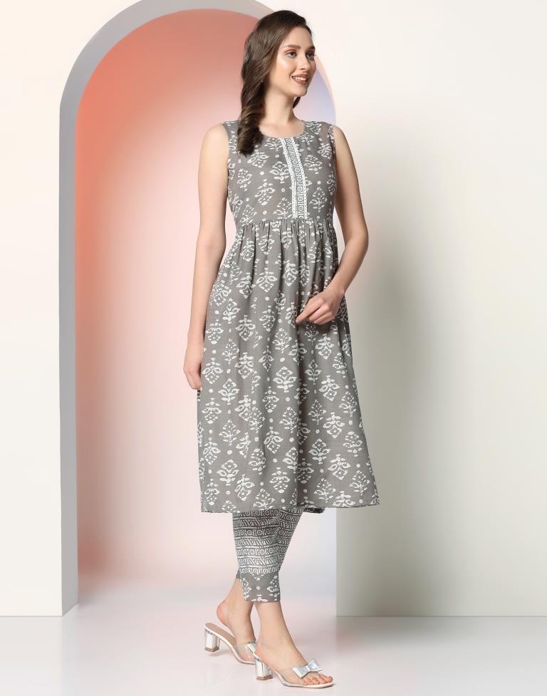 Grey Printed Cotton A-Line Kurta Set with Dupatta