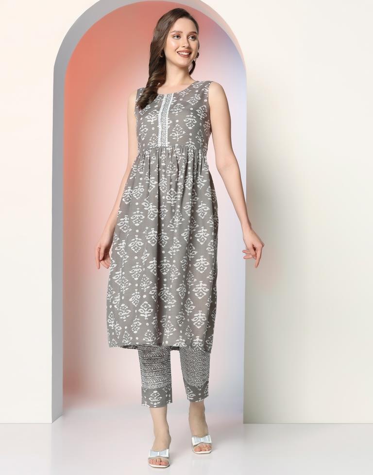 Grey Printed Cotton A-Line Kurta Set with Dupatta