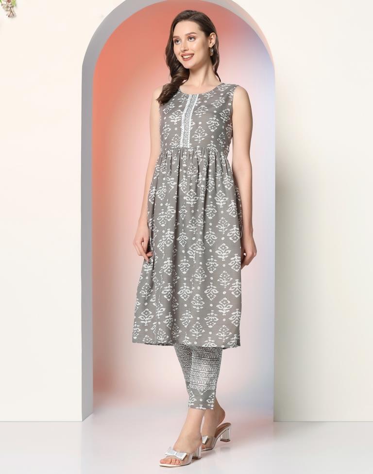 Grey Printed Cotton A-Line Kurta Set with Dupatta