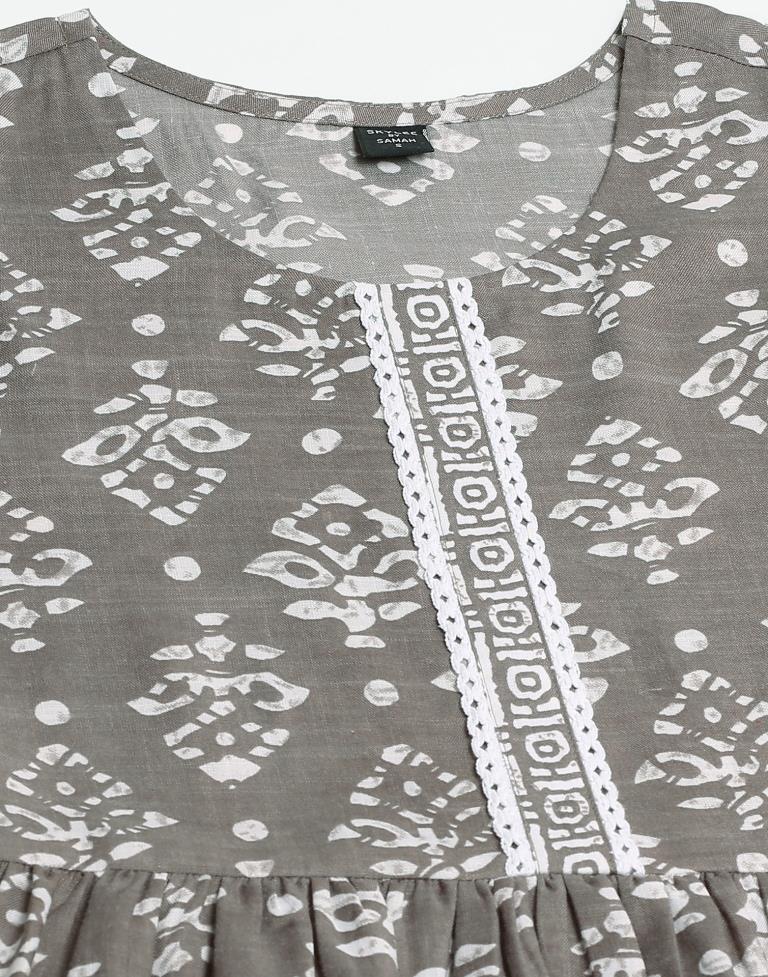 Grey Printed Cotton A-Line Kurta Set with Dupatta