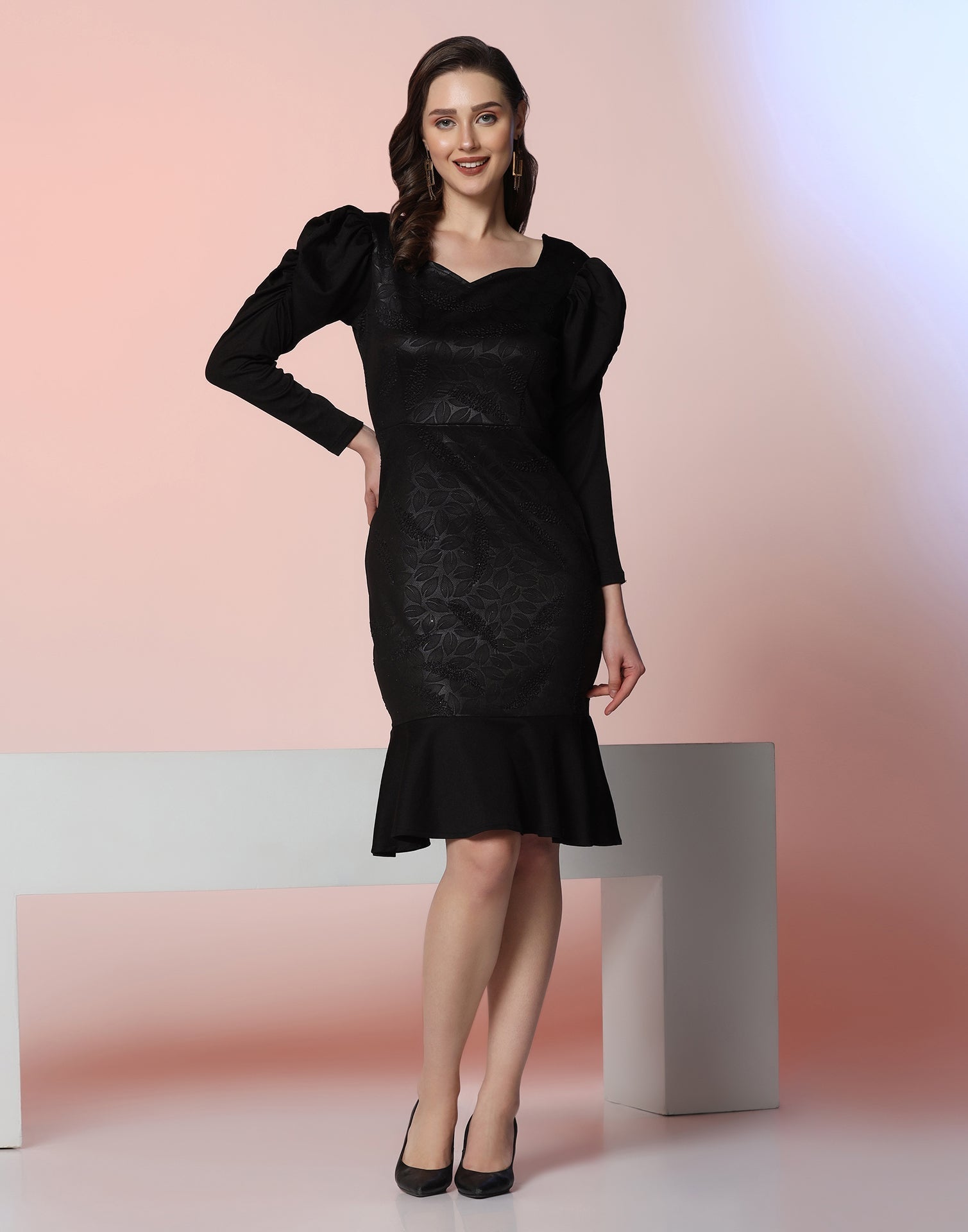 Black Lycra Frill Hem Dress | Leemboodi