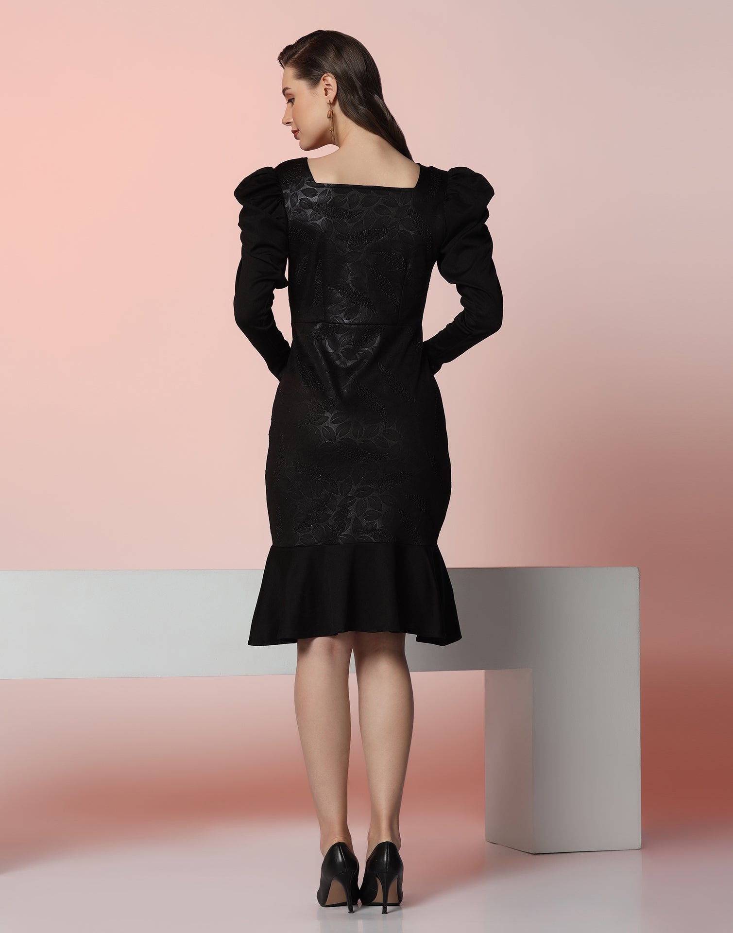 Black Lycra Frill Hem Dress | Leemboodi