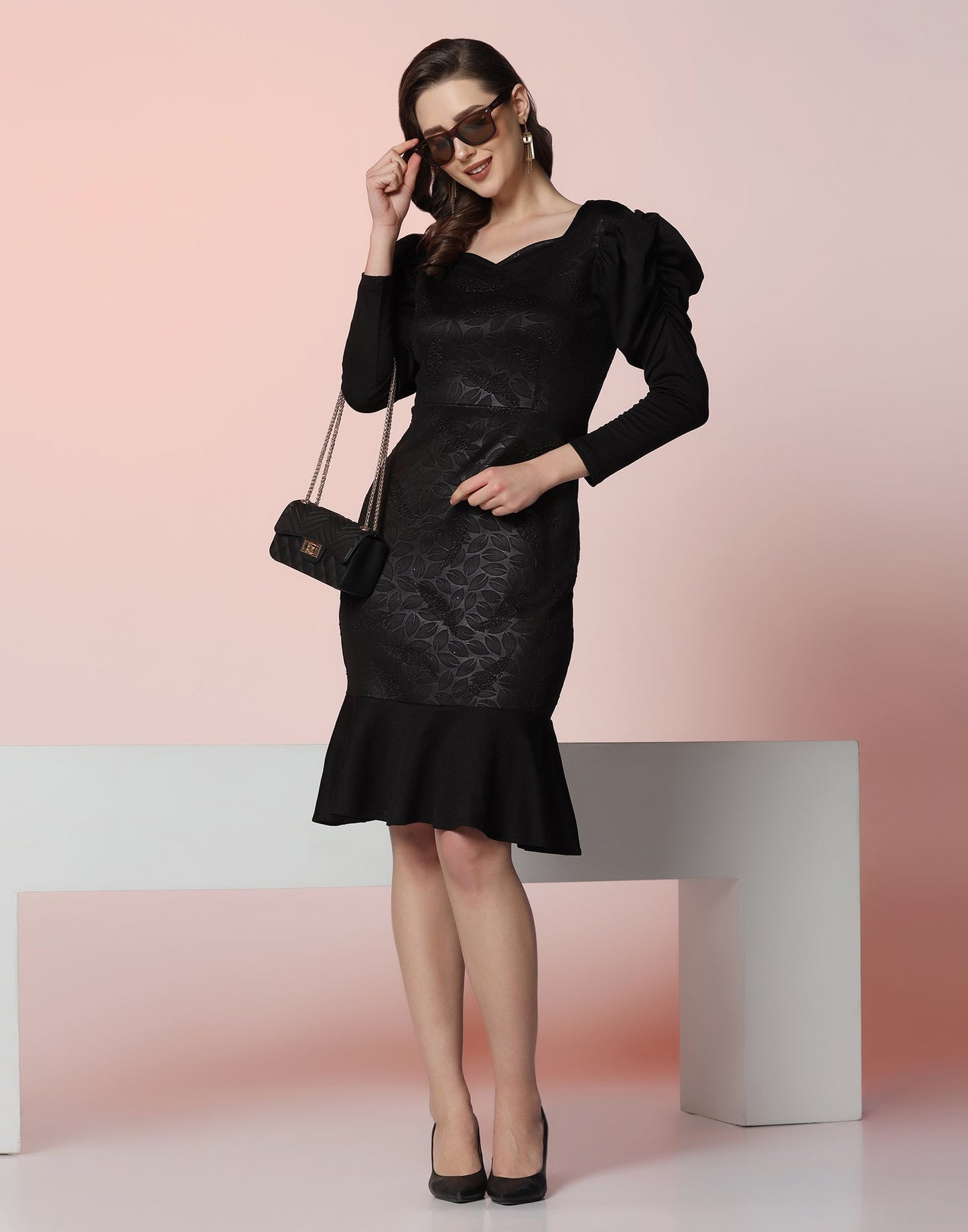 Black Lycra Frill Hem Dress | Leemboodi