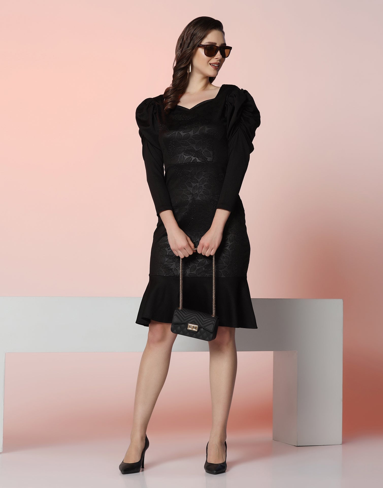 Black Lycra Frill Hem Dress | Leemboodi