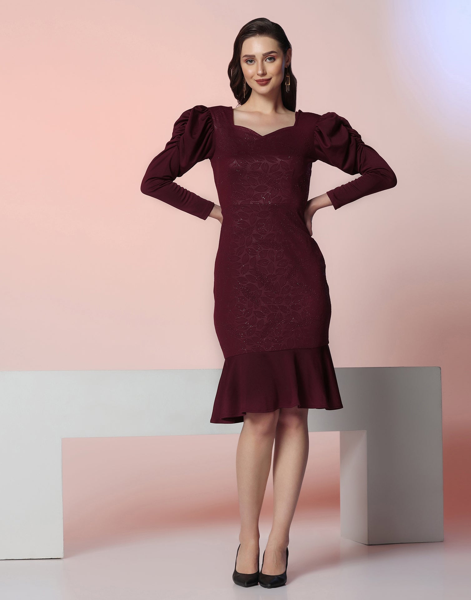 Maroon Lycra Frill Hem Dress | Sudathi