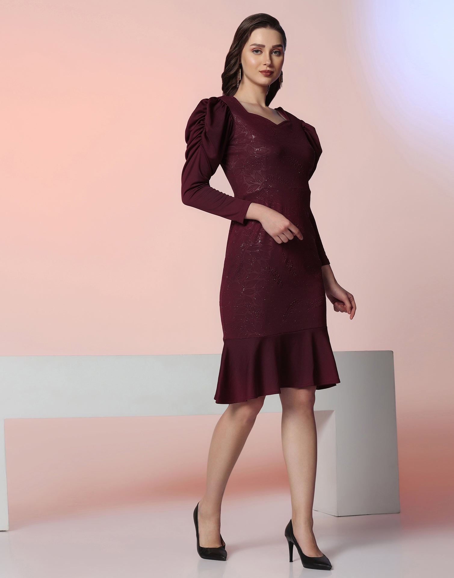 Maroon Lycra Frill Hem Dress | Sudathi
