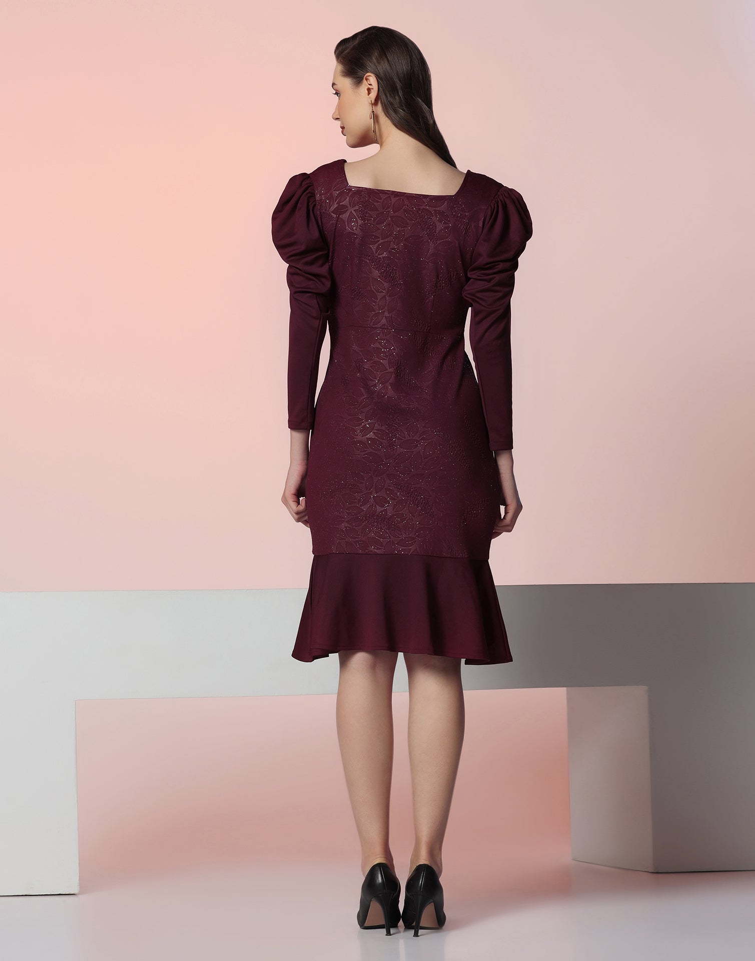 Maroon Lycra Frill Hem Dress | Sudathi
