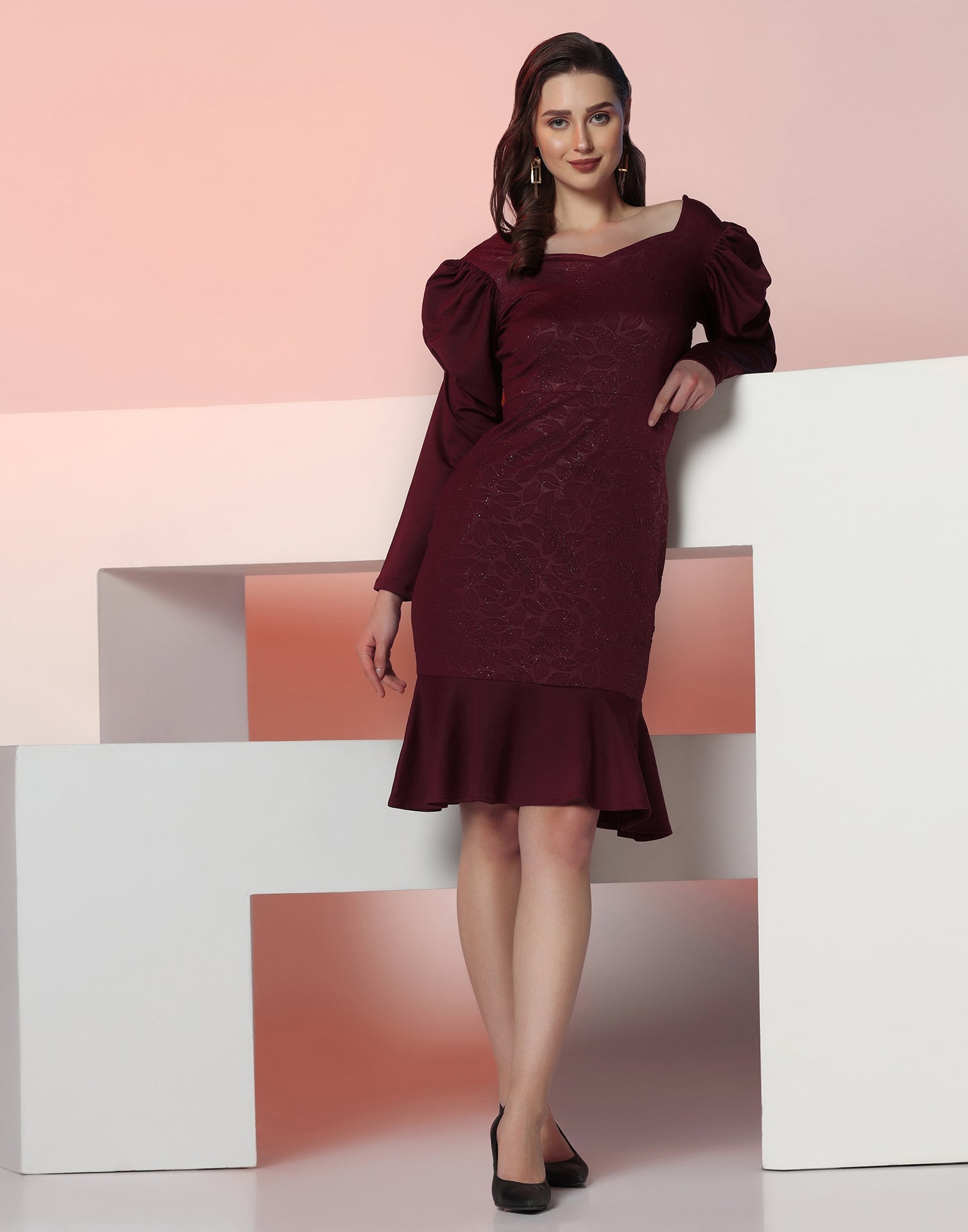 Maroon Lycra Frill Hem Dress | Sudathi