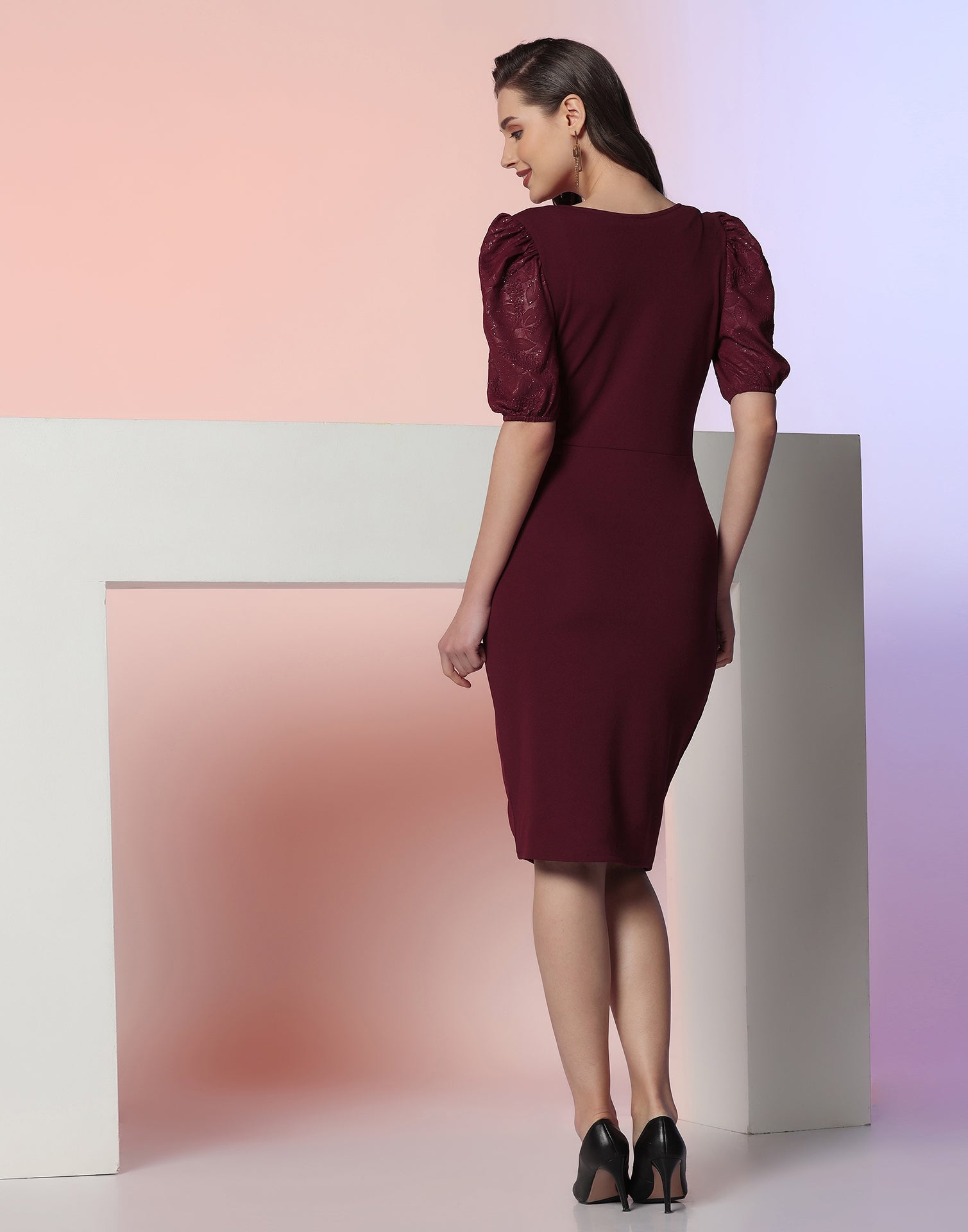 Maroon Lycra Half Ruched slit Bodycon | Leemboodi