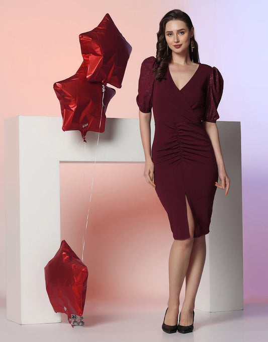 Maroon Lycra Half Ruched slit Bodycon | Leemboodi