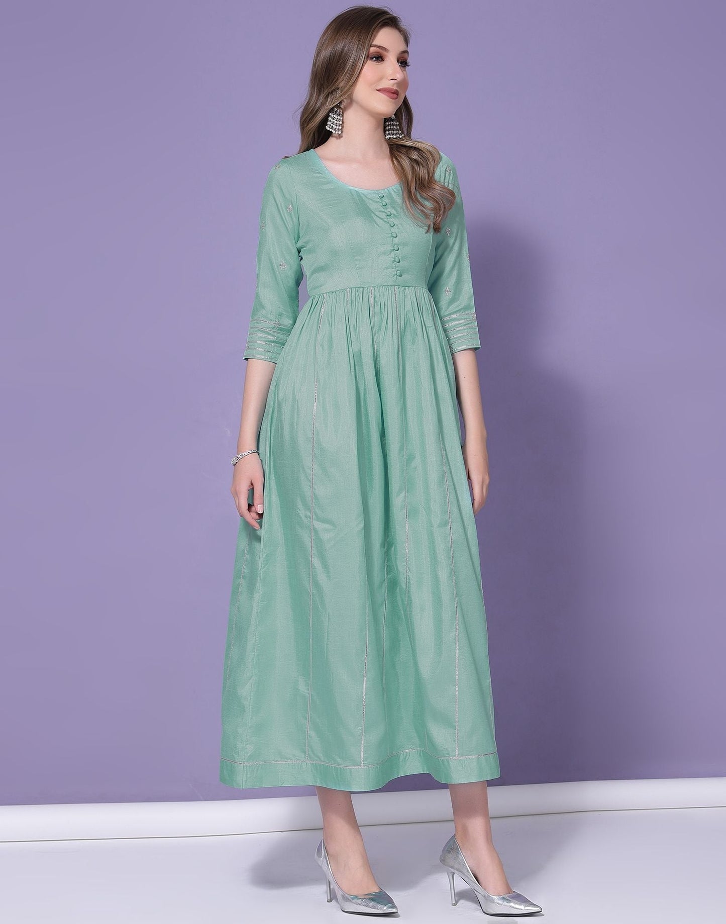 Turquoise Chinnon Gota Pati Flared Kurti | Leemboodi