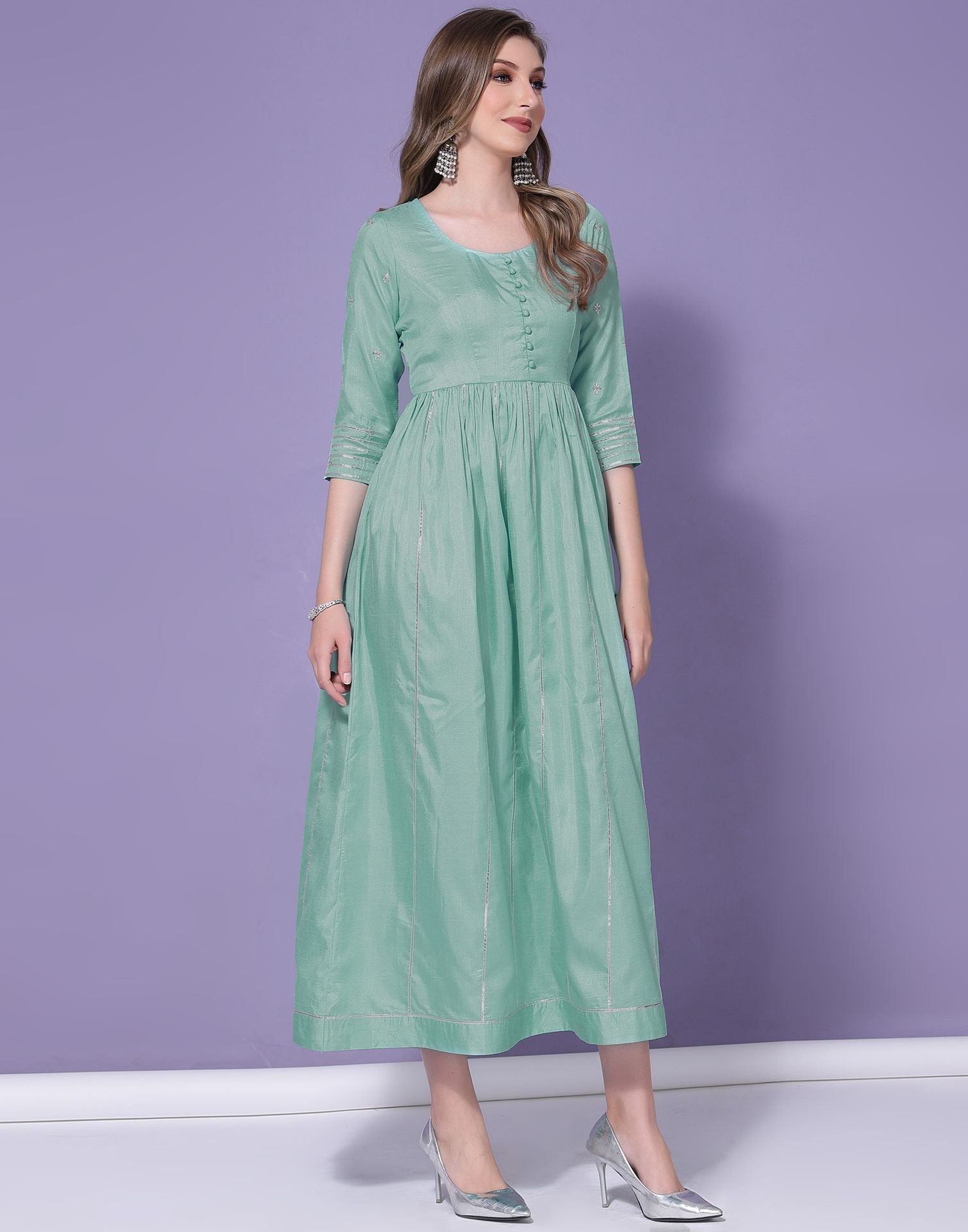 Turquoise Chinnon Gota Pati Flared Kurti | Leemboodi