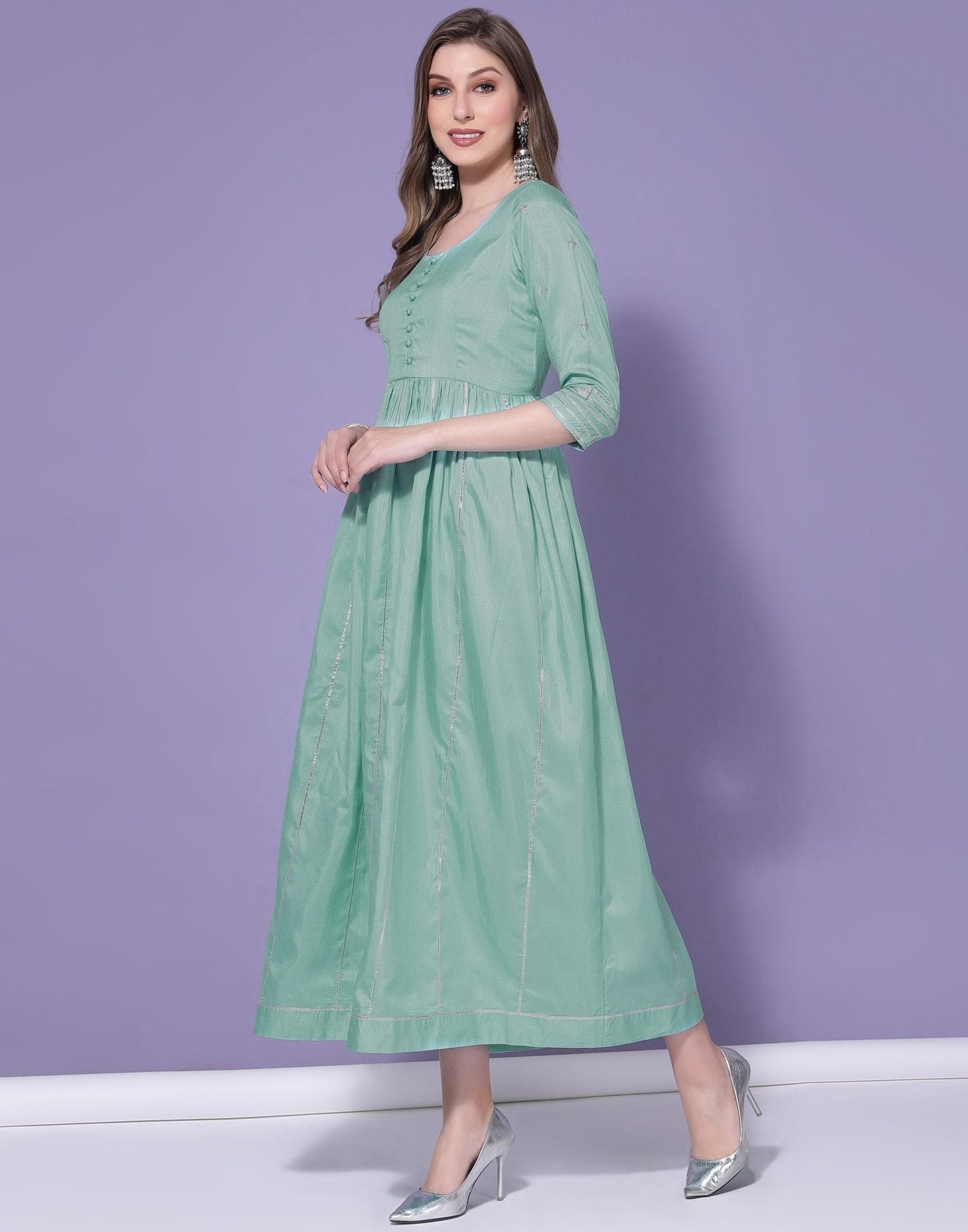 Turquoise Chinnon Gota Pati Flared Kurti | Leemboodi