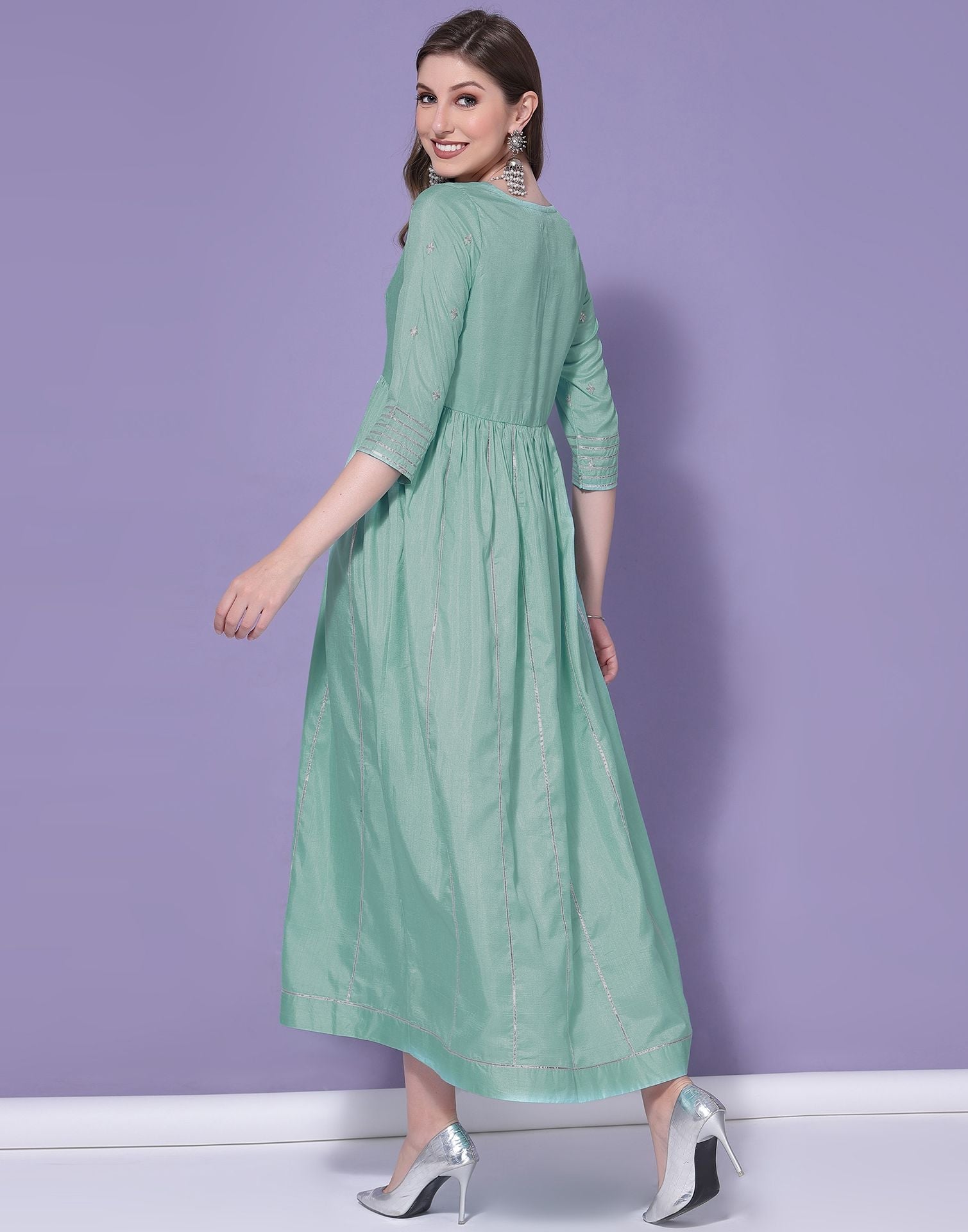 Turquoise Chinnon Gota Pati Flared Kurti | Leemboodi