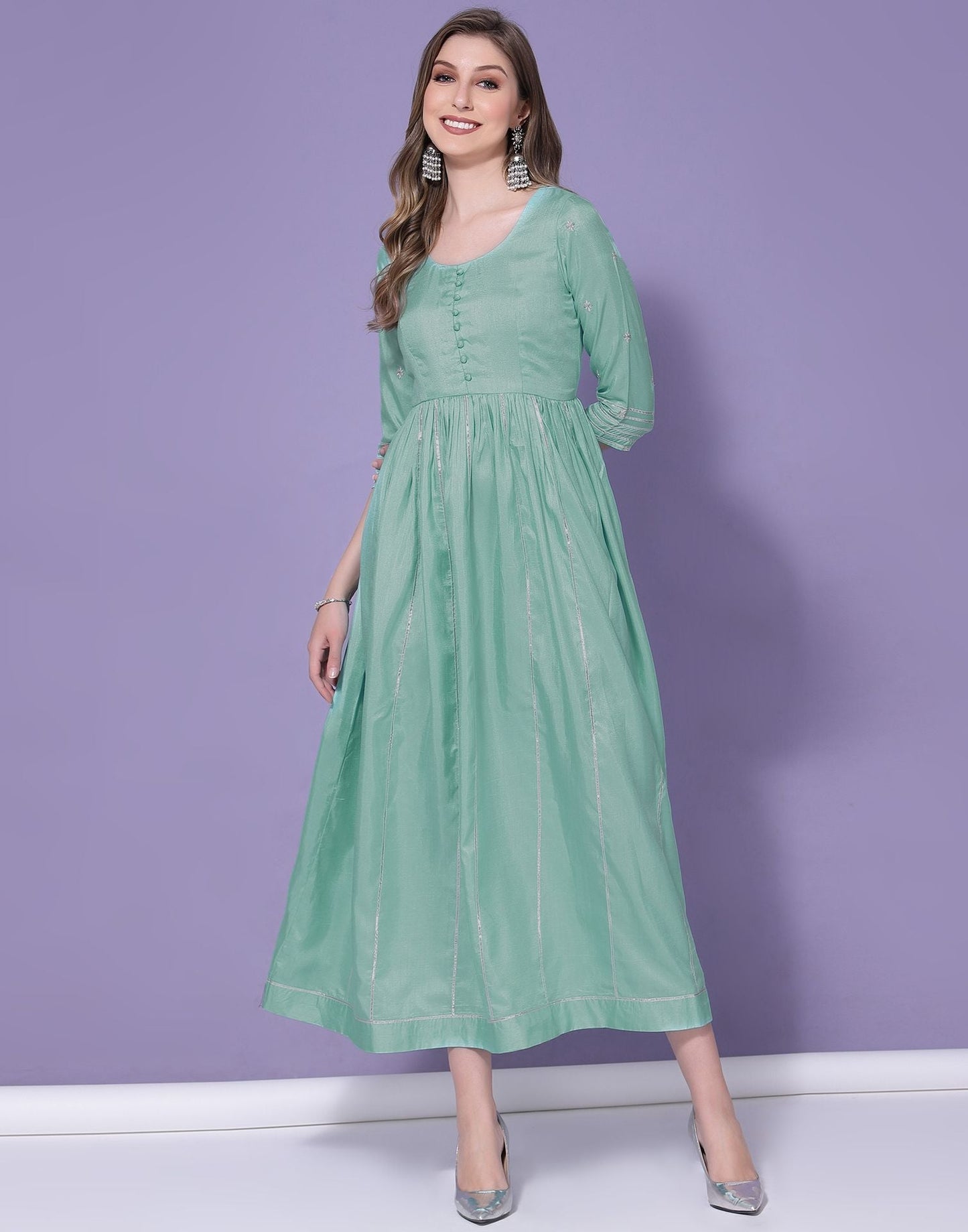 Turquoise Chinnon Gota Pati Flared Kurti | Leemboodi