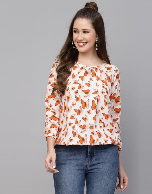 White & Orange Printed Top | Leemboodi