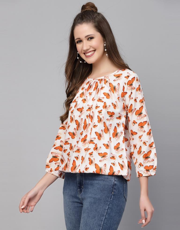 White & Orange Printed Top | Leemboodi