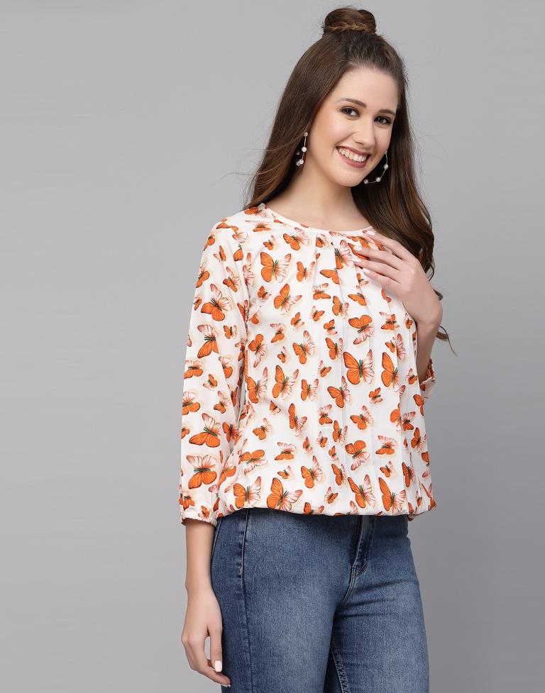 White & Orange Printed Top | Leemboodi